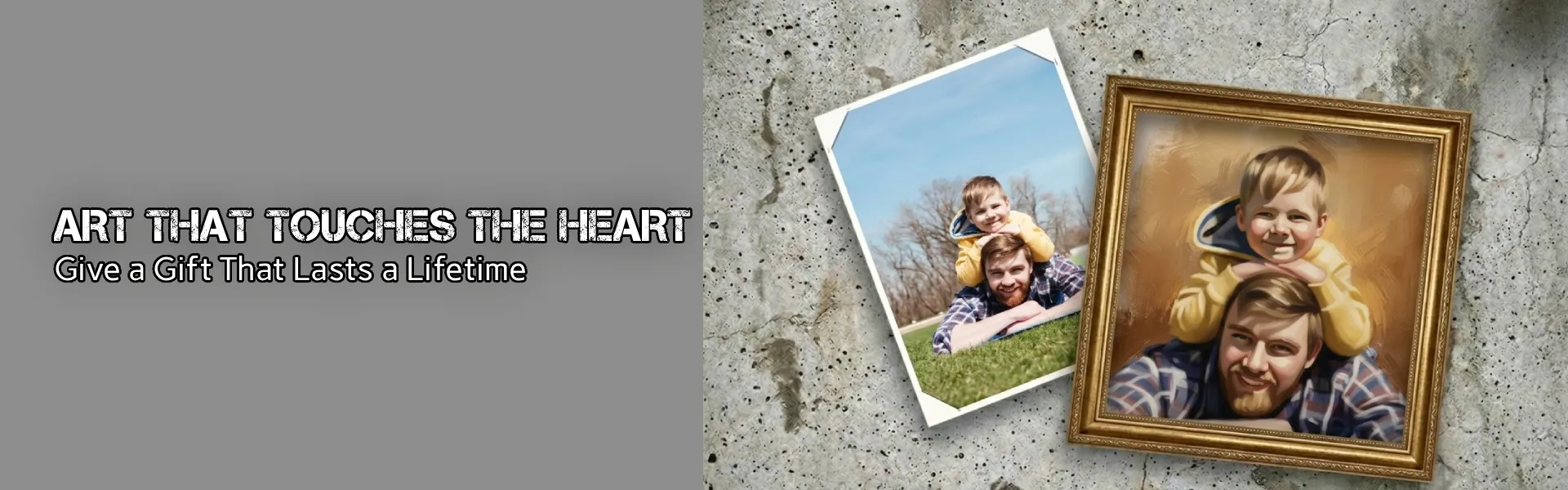 Framed custom oil painting of a father and child displayed with the original photos, showcasing heartfelt, one‑of‑a‑kind portrait artwork.